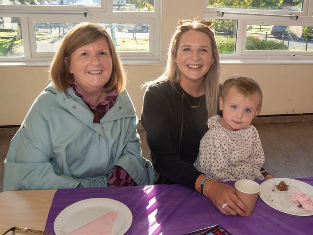 Relaxing at the Richmount Primary School charity coffee morning are from left, Caroline Orr, Linzi Dunwoody and her neice, Annie Smith.