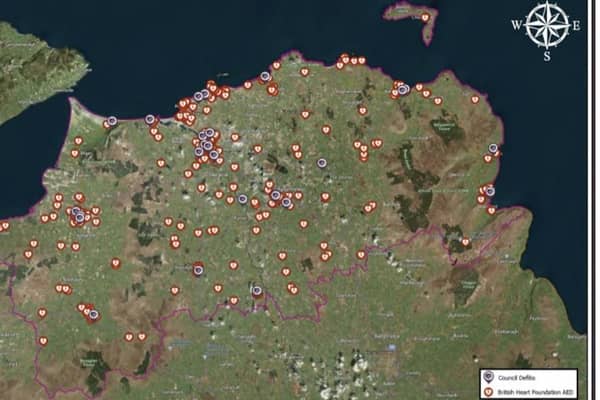 A map of Northern Ireland outlining the areas with defibrillators. Credit Causeway Coast and Glens Council