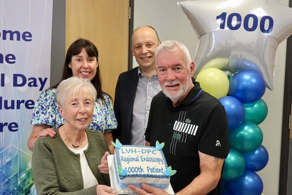 Day Procedure patients Anne May and James Walker with Roisin Coulter (Chief Executive, South Eastern Trust) and Peter May (Permanent Secretary, Dept of Health). Pic credit: SEHSCT