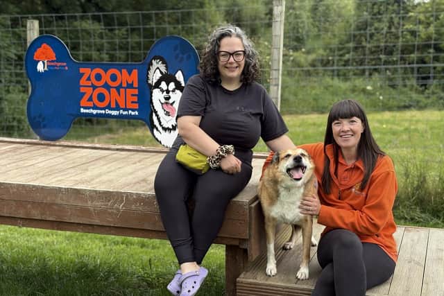 Rosie with Jill and Paula from Beechgrove Doggy Fun Park.