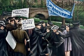 Painting of Civil Rights March being attacked at Burntollet by Patrick McNicholl.