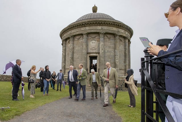 The Duke of Edinburgh leaves Mussenden Temple accompanied by Deputy Lord-Lieutenant of County Londonderry William Oliver MBE. ..Pic Steven McAuley/McAuley Multimedia
