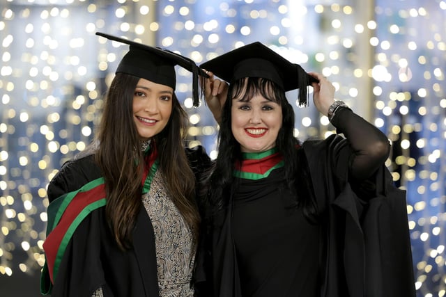 Erin Lane and Carina Sanchez from Dublin graduate from Ulster University with MSc in Management and Corporate Governance at the Winter Graduation Ceremony at the Waterfront Hall, Belfast.