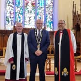 A special anniversary service was held at Lisburn Cathedral. Pictured are Dean of Lisburn Cathedral Very Rev Sam Wright, Lisburn Mayor Andrew Gowan, and Bishop George Davison