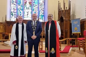 A special anniversary service was held at Lisburn Cathedral. Pictured are Dean of Lisburn Cathedral Very Rev Sam Wright, Lisburn Mayor Andrew Gowan, and Bishop George Davison