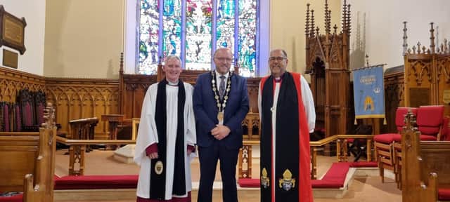 A special anniversary service was held at Lisburn Cathedral. Pictured are Dean of Lisburn Cathedral Very Rev Sam Wright, Lisburn Mayor Andrew Gowan, and Bishop George Davison