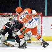 Belfast Giants’ Tyler Beskorowany saves Sheffield Steelers’ Marc-Olivier Vallerand’s penalty during Saturday’s Elite Ice Hockey League game at the SSE Arena, Belfast.   Photo by William Cherry/Presseye