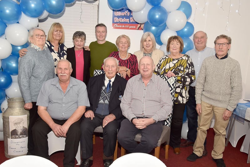 Hilbert Willis, front centre, pict ured with extended family members at his 100th birthday party at Loughgall FC on Saturday night. PT07-203.