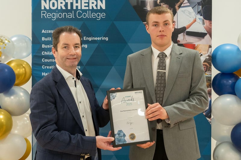 Winner of the Class Representative of the Year award Justin Morrison and Mel Higgins, College Principal & Chief Executive at the awards ceremony.
