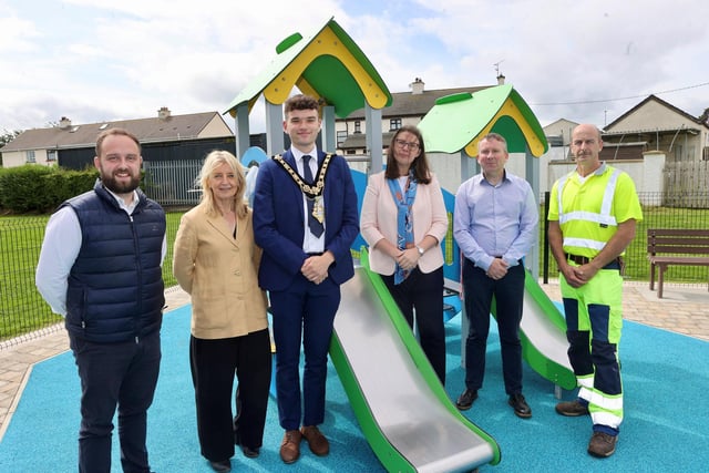 Mayor of Causeway Coast and Glens Councillor Ciarán McQuillan pictured at the launch of the new play park at Dromore Avenue in Limavady also in attendance (l-r) Lindsay Hutchinson Estates Technical Officer, Wendy McCullough Head of Sport and Wellbeing, Rebekah Bleakley Delivery Manger UKSFP for Northern Ireland, Garry Cardwell Funding Support Officer and Arnie Glendinning representing Council’s Estates team.
