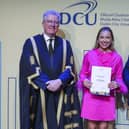 Aoife Loughrey Bachelor of Arts: Joint Honours (Law) Dominican College, Portstewart with Professor Dáire Keogh (DCU President, far left) and Joe Quinsey (CEO, DCU Educational Trust). Credit DCU