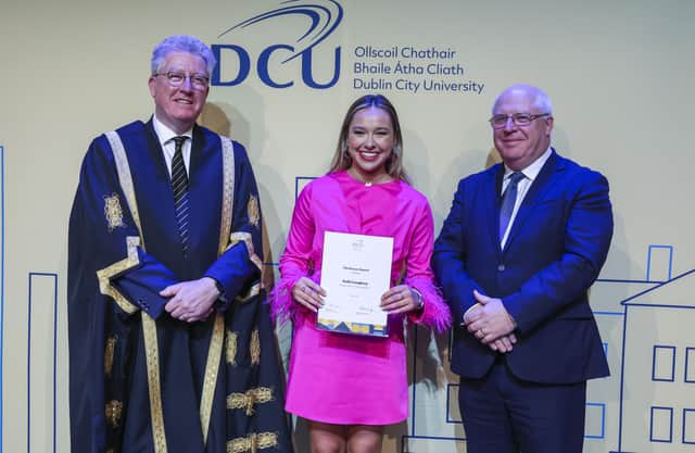 Aoife Loughrey Bachelor of Arts: Joint Honours (Law) Dominican College, Portstewart with Professor Dáire Keogh (DCU President, far left) and Joe Quinsey (CEO, DCU Educational Trust). Credit DCU