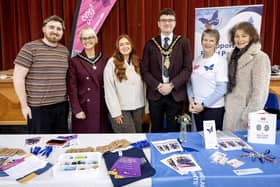 Mayor of Causeway Coast and Glens, Councillor Ciarán McQuillan and Deputy Mayor, Councillor Tanya Stirling pictured with representatives from MindWise and NIKPA at the charity fundraising coffee morning held in Coleraine Town Hall on Saturday 15th February.