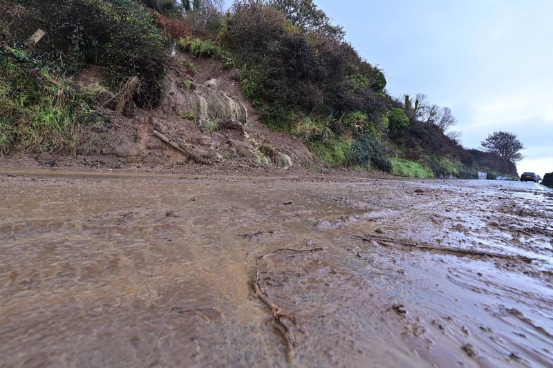 The Coast Road between Glenarm and Ballygally has been blocked after a landslide. Picture:  Colm Lenaghan / Pacemaker