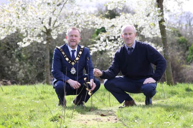 The Mayor of Antrim and Newtownabbey, Ald Stephen Ross and Translink Programme Manager, Roy Wilson.