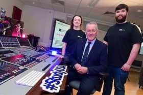 SRC Creative Music and Audio Production students Danny Nugent and Sophie Bullock are pictured with Conor Murphy, Economy Minister at Southern Regional College. They are encouraging FE students from across Northern Ireland to apply for a scholarship through the Study USA programme, which is managed by the British Council. Application close on Sunday, 5 January