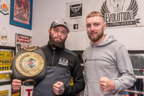 IBO World Super Featherweight champion Anthony Cacace and his trainer Iain Mahood at Evolution Boxing Club in Carrickfergus.