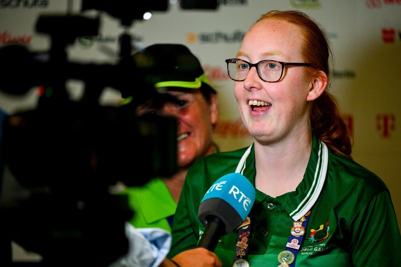 Team Ireland's Sammy Jo Sweeney, a member of Starbreakers Special Olympics Club, from Cookstown,  Co Tyrone, together with her mum Joanne is interviewed by Paul Flynn, of RTÉ, on day four of the World Special Olympic Games 2023 at the Messe Berlin in Berlin, Germany. Photo by Ray McManus/Sportsfile