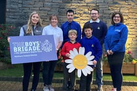 Pictured (l-r) Schools and Youth Fundraiser at Cancer Fund for Children, Rebecca Oates, Boys’ Brigade Leader Heidi Graham, Boys’ Brigade members Euan, Caleb and Jacob, Boys’ Brigade Leader James Heenan and Director of Boys’ Brigade NI, Lisa Keys, at Cancer Fund for Children’s short break centre, Daisy Lodge, in Newcastle Co. Down.