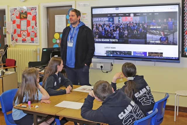First-team manager Ruaidhri Higgins took time out of his busy schedule to speak to P7 pupils at Kilrea Primary School. CREDIT COLERAINE FC
