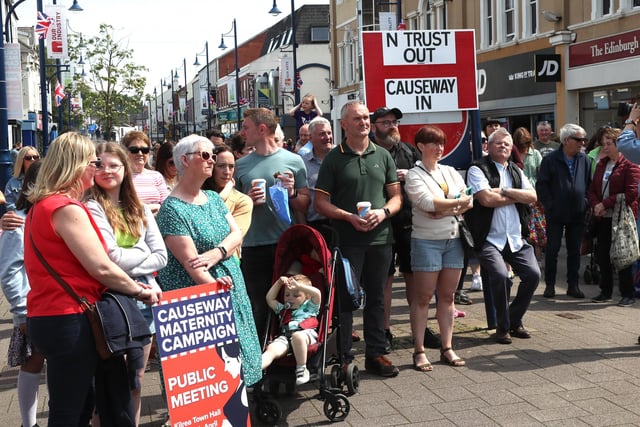 Members of the public gathered at Coleraine Town Hall on Saturday to voice opposition to the loss of maternity services at Causeway Hospital.