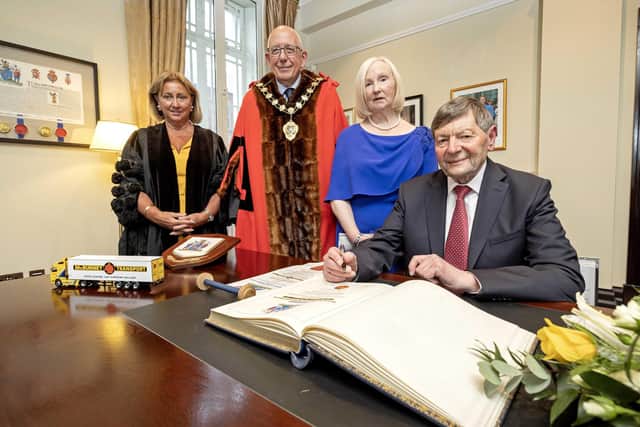 The Mayor of Mid and East Antrim, Councillor Jackson Minford, with Norman McBurney OBE, Lynn McBurney and the council's interim chief executive Valerie Watts.