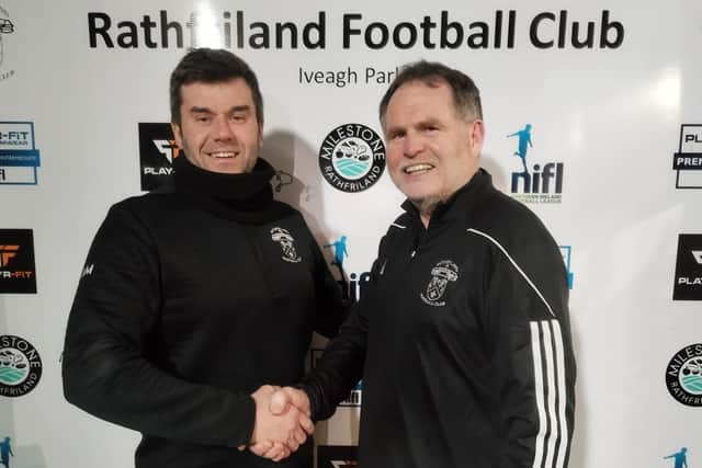 New Rathfriland Rangers manager Ronnie Haughey (right) with the club chairman, Adrian Megaw.