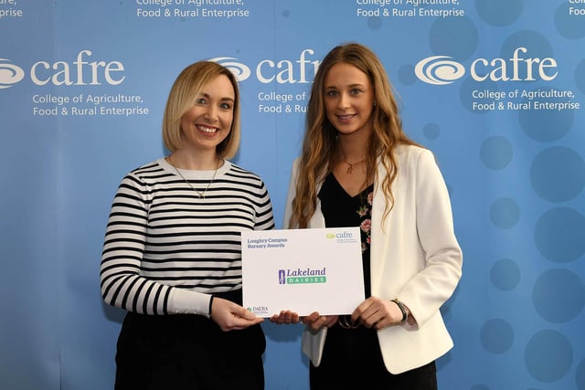 Hannah McClelland, a first-year student on the BSc (Hons) Degree in Food Business Management course at Loughry Campus was awarded with the Lakeland Dairies Bursary. Hannah, from Ballymoney was presented with her award by Vicky Sinclair, Human Resources Business Partner (Pritchitts site).