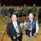 Ian Matthews, principal, Rathfriland HS & George Lucas, chair Sport NI and Ulster Tennis Branch Ireland. Back: Ian McConnell, chairman Board of Governors, Year 10 pupils, Leanne Martin, PE teacher. © Photo: Gary Gardiner.