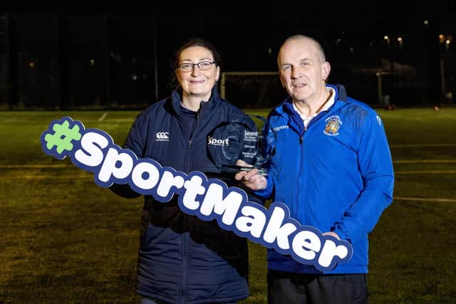 SportMaker Disability Coach of the Year Ged Irwin receiving his award from Clare Dowdall, People Developer, Sport NI. Pic credit: McAuley Multimedia