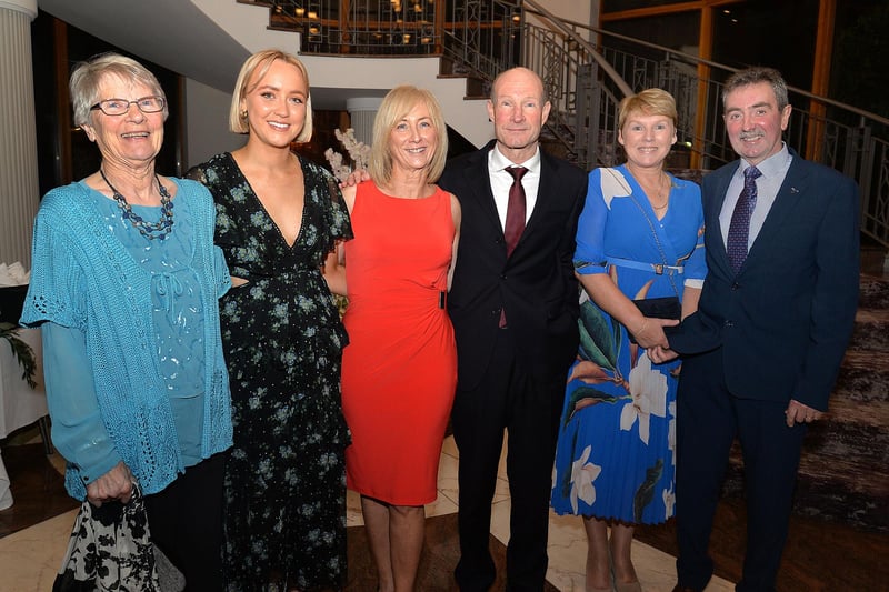 Pictured at the Lurgan Ladies Hockey club 100th anniversary dinner are from left, Barbara McClatchey, Jenny Morrow, Pamela Morrow, Iain McClatchey and Judith and Alan Denver. LM43-214.