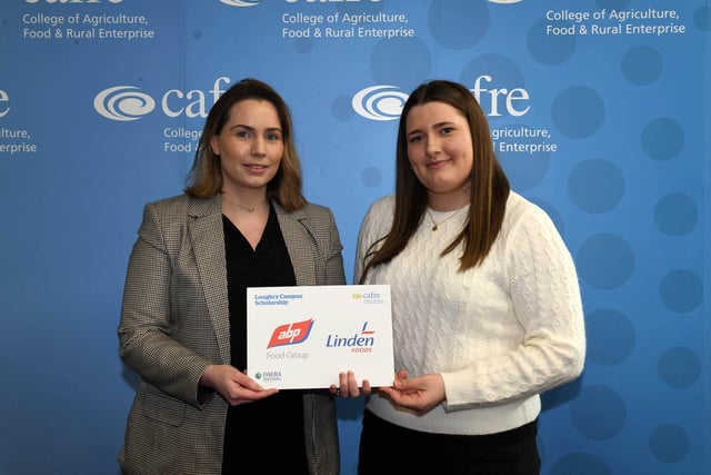 Katie Givan, who is studying on the BSc (Hons) Degree in Food Business Management was presented with the Linden-ABP Scholarship at the Loughry Campus awards ceremony. Katie, a second year student from Dungannon was presented with her award by Caoimhe Mallon, Technical Manager, Linden Dungannon. In addition to receiving a financial award Katie will complete her one year paid work placement within the business as part of her degree programme.