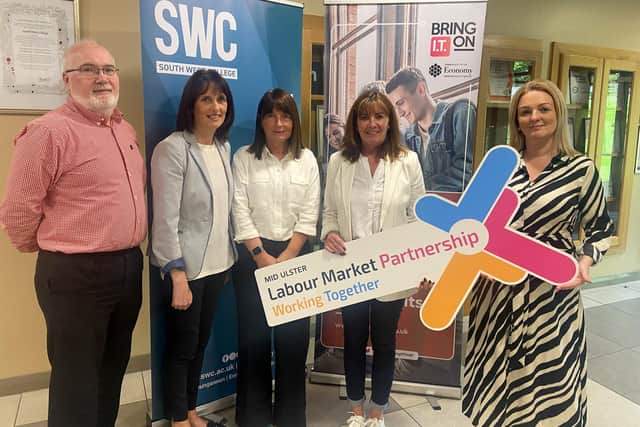 Pictured are Padraig McNamee, AnneMarie Donaghy and Sinead McGee from South West College, and Julie McKeown, Vice Chair of Mid Ulster LMP and Lisa McCaul, Bring IT On team. Credit: Contributed