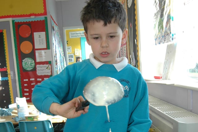 Samuel pours in his pancake mixture at Corran Integrated Primary School on Pancake Day in 2007.