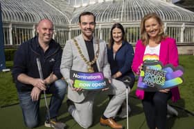 Lord Mayor of Belfast, Councillor Micky Murray is joined at the launch of the GolfNow Belfast Sports Awards 2025 with Kevin Murray and Sara-Louise Bowman from GolfNow and awards host, Claire McCollum. Picture: Brian Thompso