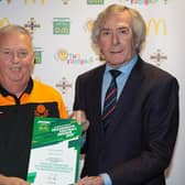 2024 People’s Award finalist Colin Caswell (Lisburn Youth) and Pat Jennings. Pic credit: Matt Mackey