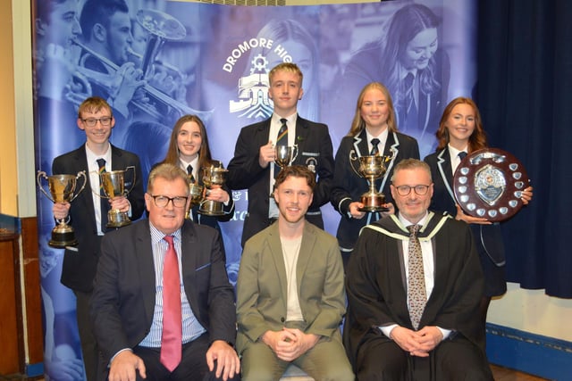 Subject Prize Winners - Back row from left, Alfie Martin, Rhianna Ringland, Cameron Stirling, Sophie Waugh, Avah Huppe. Front row Mr Alan Poots Chairman of the Board of Governors, Mr Jordan Kenny Guest Speaker and Mr Ian McConaghy Headmaster.