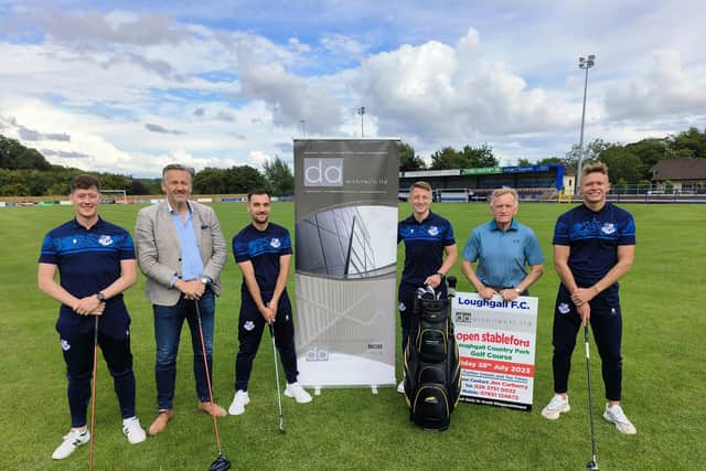 Pictured at the launch of this year's Loughgall FC Golf Classic are, from left: Jackson Holmes, Sam Nicholson (LFC Chairman) Andrew Hoey, Robby Norton, Noel Willis (LFC President) Luke Cartwright.
