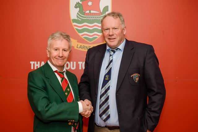 Larne RFC president, Glenn McCluggage, with his Ballymoney counterpart, Sam Moore. Photos by Bernadette Mcallister
