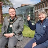 Mayor of Antrim and Newtownabbey, Councillor Mark Cooper and Kate McAllister from RSPB Antrim.