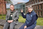 Mayor of Antrim and Newtownabbey, Councillor Mark Cooper and Kate McAllister from RSPB Antrim.