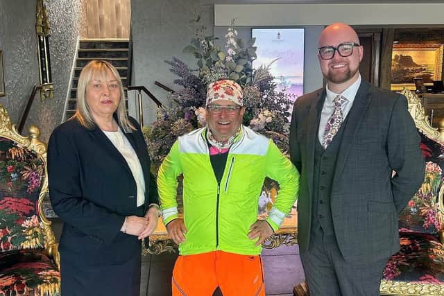 Timmy Mallet joking with staff at the Ballygally Castle Hotel, where he enjoyed a two-night stop. Photo courtesy of Ballygally Castle Hotel