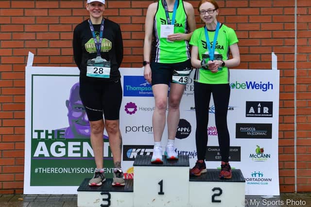All smiles after their success at the Portadown Festival of Running 2023 Marathon are 1. Jane Leathem; 2. Laura Grimes; 3. Gillian Connolly. Picture: Mervyn McKeown