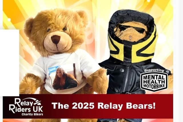 The two bears who will take part in the fundraising relay with Bear No2 (right) sporting a yellow helmet in tribute to Joey Dunlop. Credit Relay Riders