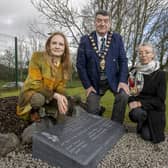 Author Martina Devlin,  the Mayor of Mid and East Antrim, Alderman Noel Williams and Councillor Maeve Donnelly at the plaque.