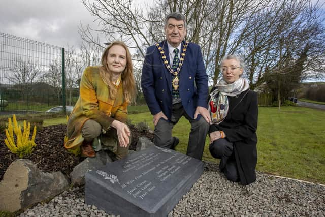 Author Martina Devlin,  the Mayor of Mid and East Antrim, Alderman Noel Williams and Councillor Maeve Donnelly at the plaque.