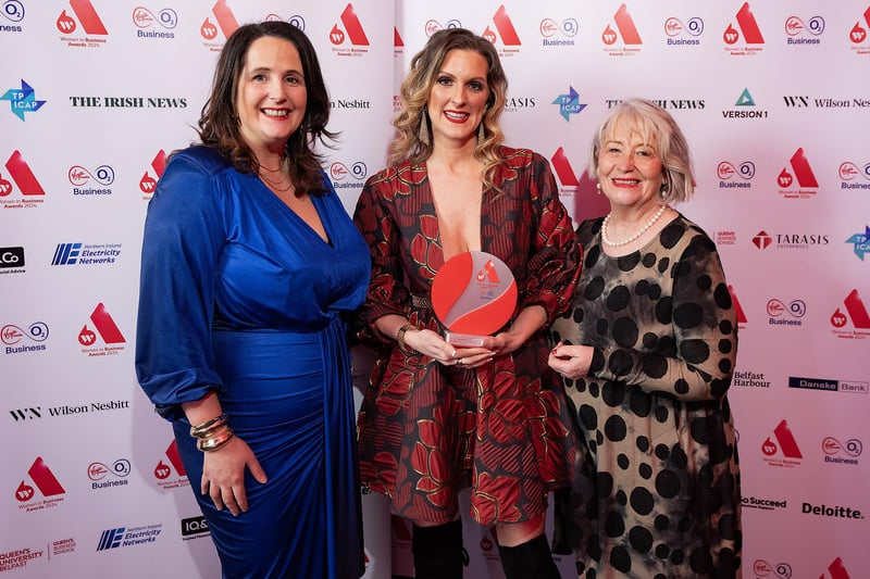 Banbridge's Loraa White, from Music Video Marketplace, received the Award for Excellence in IT from Marie Doyle, of category sponsor Deloitte and Anne Clydesdale, vice chair Women in Business board.