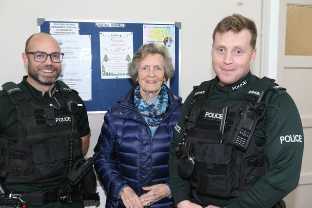 Constables McKenna and Reeves with Jean Adams at the Mosside Road Safety event