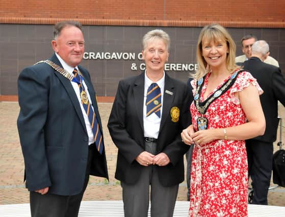 Lord Mayor of Armagh City, Banbridge and Craigavon, Councillor Margaret Tinsley chats with Lurgan Bowling Club President Neill Sloan and Past President Irene Cunningham.