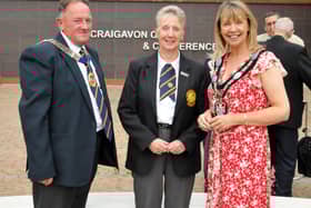 Lord Mayor of Armagh City, Banbridge and Craigavon, Councillor Margaret Tinsley chats with Lurgan Bowling Club President Neill Sloan and Past President Irene Cunningham.